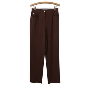 St. John Sport Pants Dark Brown Stretch Straight Leg Gold Hardware Logo Size 6